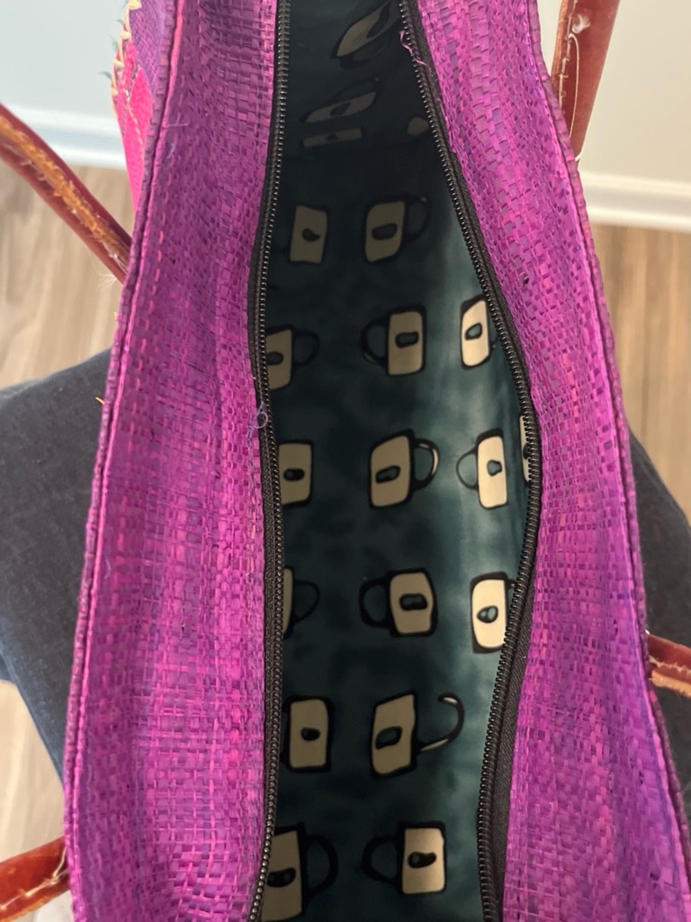 Purple Woven Straw Tote Bag with Leather Handles - Picture 5 of 5